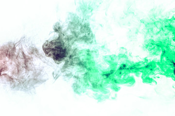 Fototapeta premium Colored background with winding clouds of smoke from patterns of different forms of red, green colors with tongues of flame on a white isolated background as ink or poison