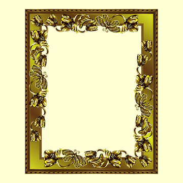 Rectangular frame of golden color with flowers and butterflies