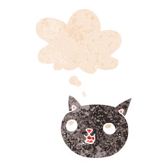 cartoon cat and thought bubble in retro textured style