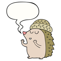 cartoon hedgehog wearing hat and speech bubble
