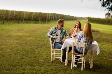 Young people by the table in the vineyard