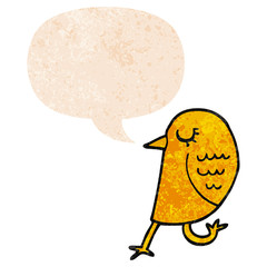 cartoon bird and speech bubble in retro textured style