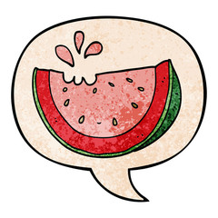 cartoon watermelon and speech bubble in retro texture style