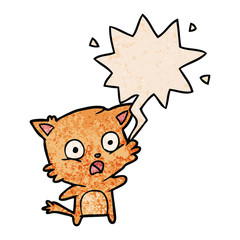 cartoon cat and speech bubble in retro texture style