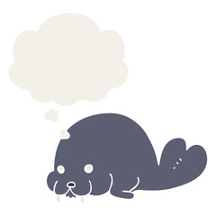 cute cartoon walrus and thought bubble in retro style