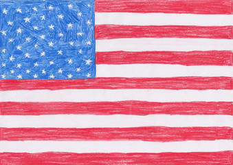 national flag of  United states of America  drawn on paper with colored pencils as a children's drawing