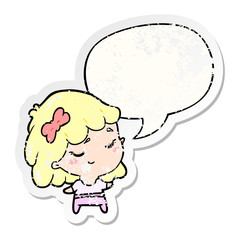cute cartoon happy girl and speech bubble distressed sticker