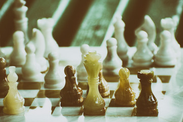 Chess pieces on the board. Retro style. Dedicated to International Chess Day.