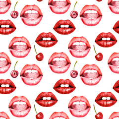 Watercolor hand painted sexy lips lipstick and cherries illustration seamless pattern 