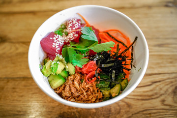 Raw Organic Ahi Tuna Poke Bowl with Rice and Veggies
