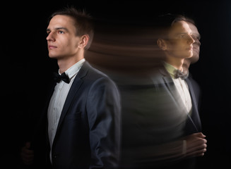 the split personality of a young man in a tailcoat