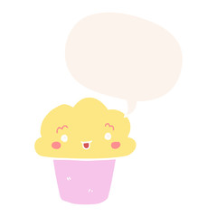 cartoon cupcake and face and speech bubble in retro style
