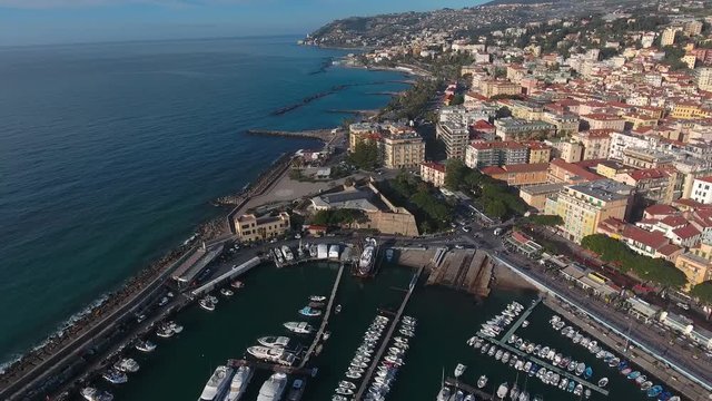 Aerial view of the boat berths and the old Fort of Sanremo
