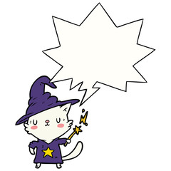 magical amazing cartoon cat wizard and speech bubble