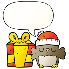 cute christmas owl and speech bubble in smooth gradient style