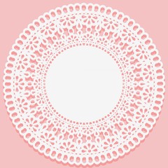 White lace napkin on a pink background. Decoration in the form of openwork round frame. Suitable for laser cutting of paper, wood, cardboard or metal. Vector illustration