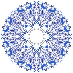 Blue flower pattern with birds and flowers around in circles. Template design in ethnic style. Gzhel porcelain painting.