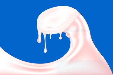 Flowing and splash liquid pink color. Yogurt or milk realistic texture whirlpool. Spilled sour cream isolated on a blue background.