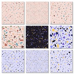 Seamless terrazzo patterns set. Hand crafted and unique patterns repeating background. Granite textured shapes in different color.