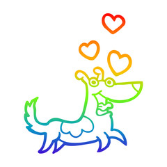 rainbow gradient line drawing cartoon dog with love hearts