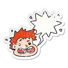 cartoon frightened face and speech bubble distressed sticker