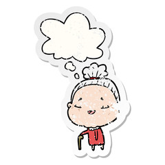 cartoon old lady and thought bubble as a distressed worn sticker
