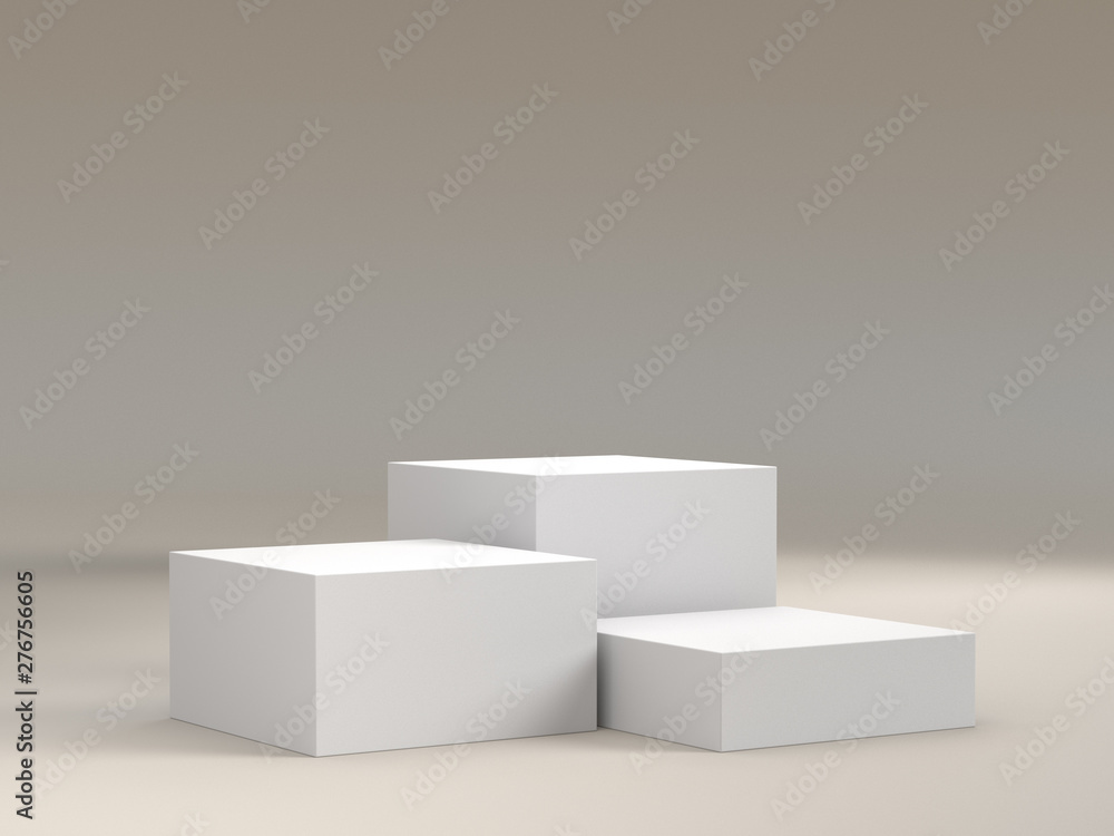 Aufkleber white box cubes. 3d blank stairs display or stand. empty bakdrop with boxes.