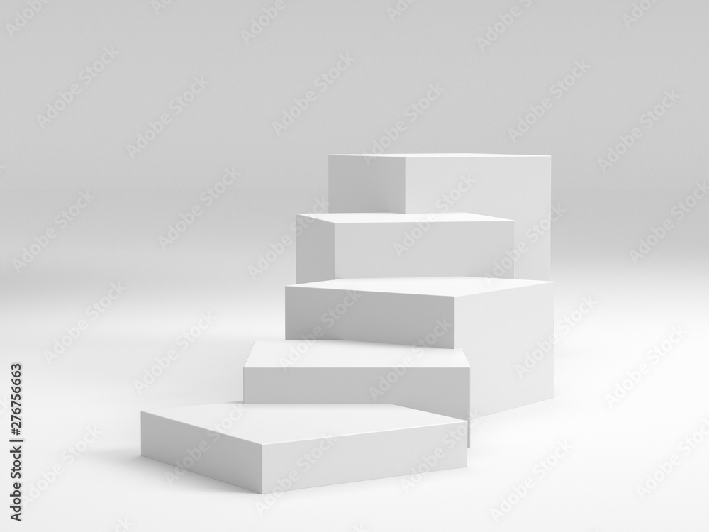 Poster white box cubes. 3d blank stairs display or stand. empty bakdrop with boxes.