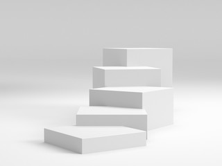 White Box Cubes. 3D Blank Stairs Display Or Stand. Empty Bakdrop With Boxes.