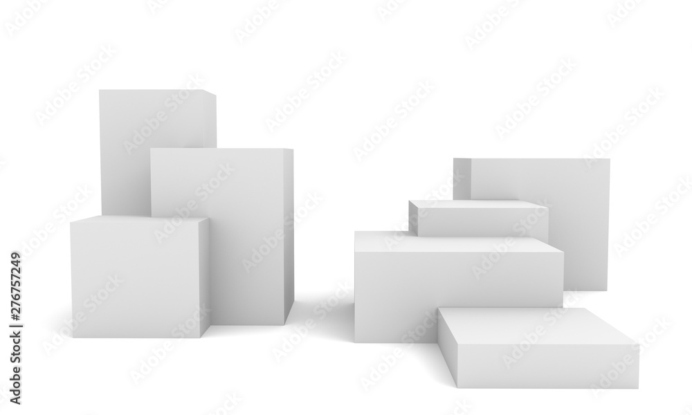 Aufkleber white box cubes. 3d blank stairs display or stand. empty bakdrop with boxes.