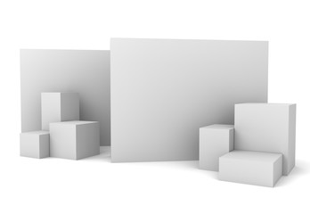 Isolated Wall With White Boxes. Empty Blank Backdrop Ready For Display Or Customized Presentation. 3D rendering