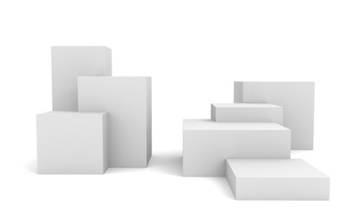 Naklejka premium White Box Cubes. 3D Blank Stairs Display Or Stand. Empty Bakdrop With Boxes.