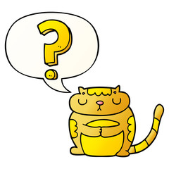 cartoon cat and question mark and speech bubble in smooth gradient style