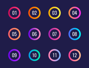 Super set arrow bullet point triangle flags on dark blue background. Colorful gradient markers with number from 1 to 12. Modern vector illustration