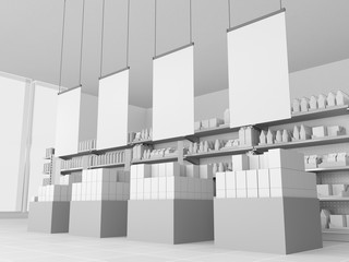 Box Products In Supermarket With Blank Banners And Shelves. 3D rendering