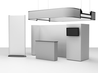 Fair Trade Exhibition Stand. Booth With Banner And Counter.  3D render