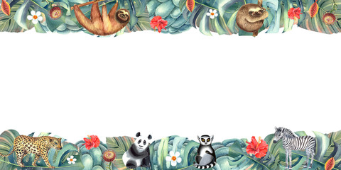 Border with leopard, zebra, panda, lemur,  sloth and tropical flowers and leaves.  Hand painted in watercolor.