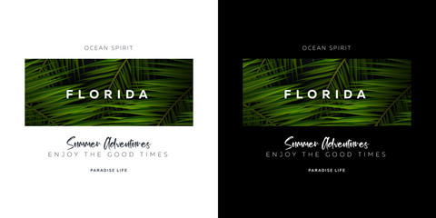 Florida and Miami. USA. Palm leaves typography t-shirt print.