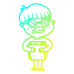 cold gradient line drawing cartoon boy hugging book wearing spectacles