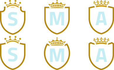 Set of six shield and crown luxury icons.
