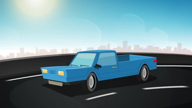 Cartoon Car Driving On City Highway Loop/ 4k animation of a cartoon truck/car driving on the urban road highway, seamless looping