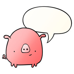cartoon happy pig and speech bubble in smooth gradient style