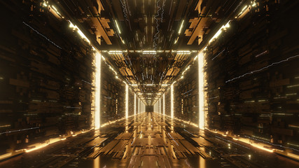 3d render gold Digital futuristic neon tunnel - obrazy, fototapety, plakaty