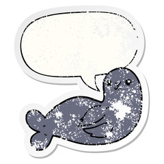 cartoon seal and speech bubble distressed sticker