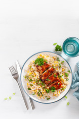 roasted bbq chicken with couscous sweetcorn onion, healthy lunch