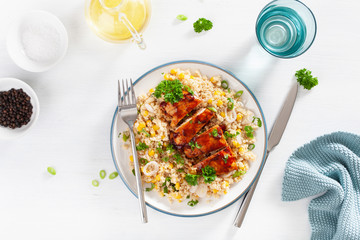 roasted bbq chicken with couscous sweetcorn onion, healthy lunch