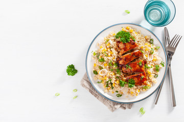 roasted bbq chicken with couscous sweetcorn onion, healthy lunch