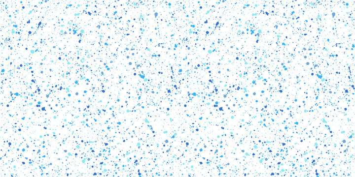 Paint splash, spray, uneven dots, water blobs, snow, snowflakes, tiny spots, blots seamless vector pattern. Chaotic splatter, spatter, flecks, specks hand drawn background. Blue colors winter texture.