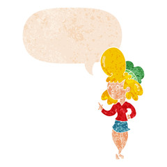 cartoon woman with big hair and speech bubble in retro textured style