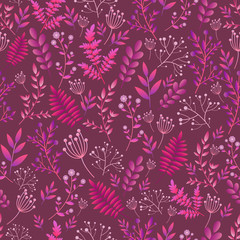 Seamless artistic abstract wild flowers pattern. Decorative flowers and plants, bright crimson-purple-pink gradient colors on ashed burgundy background.